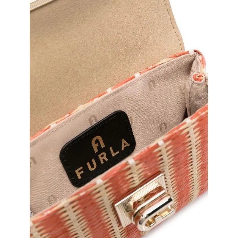 Furla 1927 Mini Crossbody Top Handle Raffia Bag - Orange/Light Beige