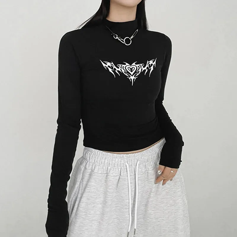 Gothic Dark Print Skinny Autumn Tshirts Female Y2K Harajuku Chain Basic Turtleneck Tee Cropped Tops Slim Long Sleeve