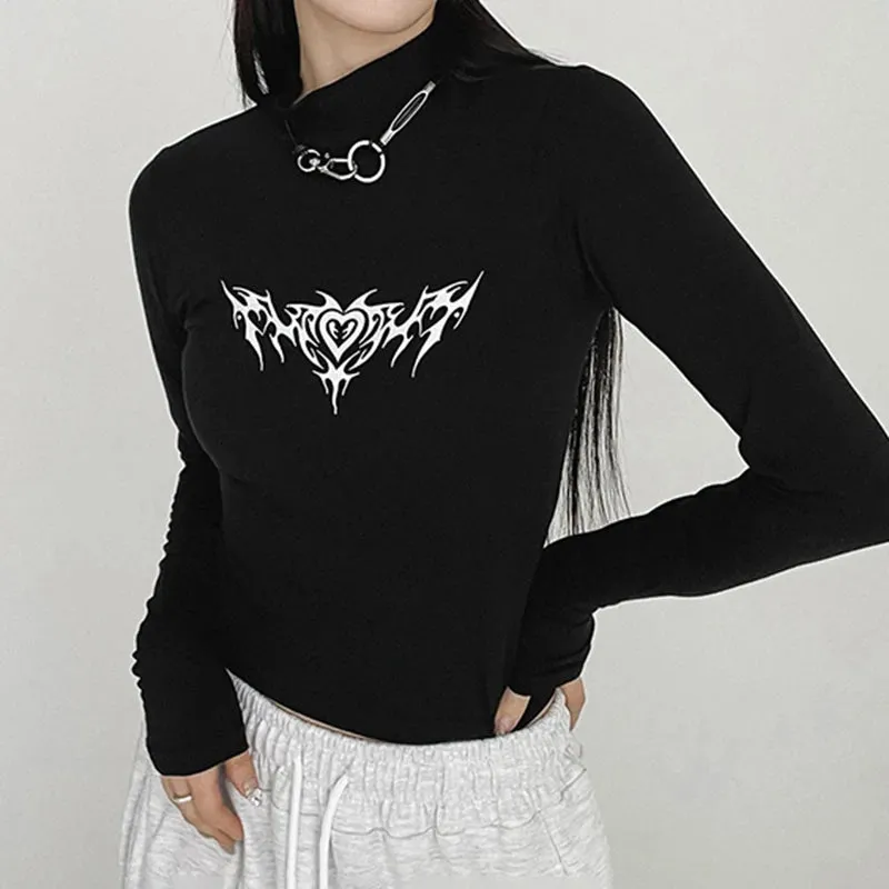 Gothic Dark Print Skinny Autumn Tshirts Female Y2K Harajuku Chain Basic Turtleneck Tee Cropped Tops Slim Long Sleeve