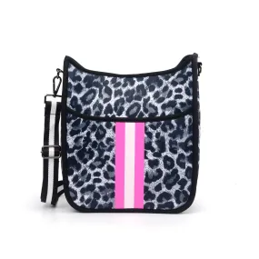 Grey Leopard Neoprene Messenger Bag with Pink & White Stripe