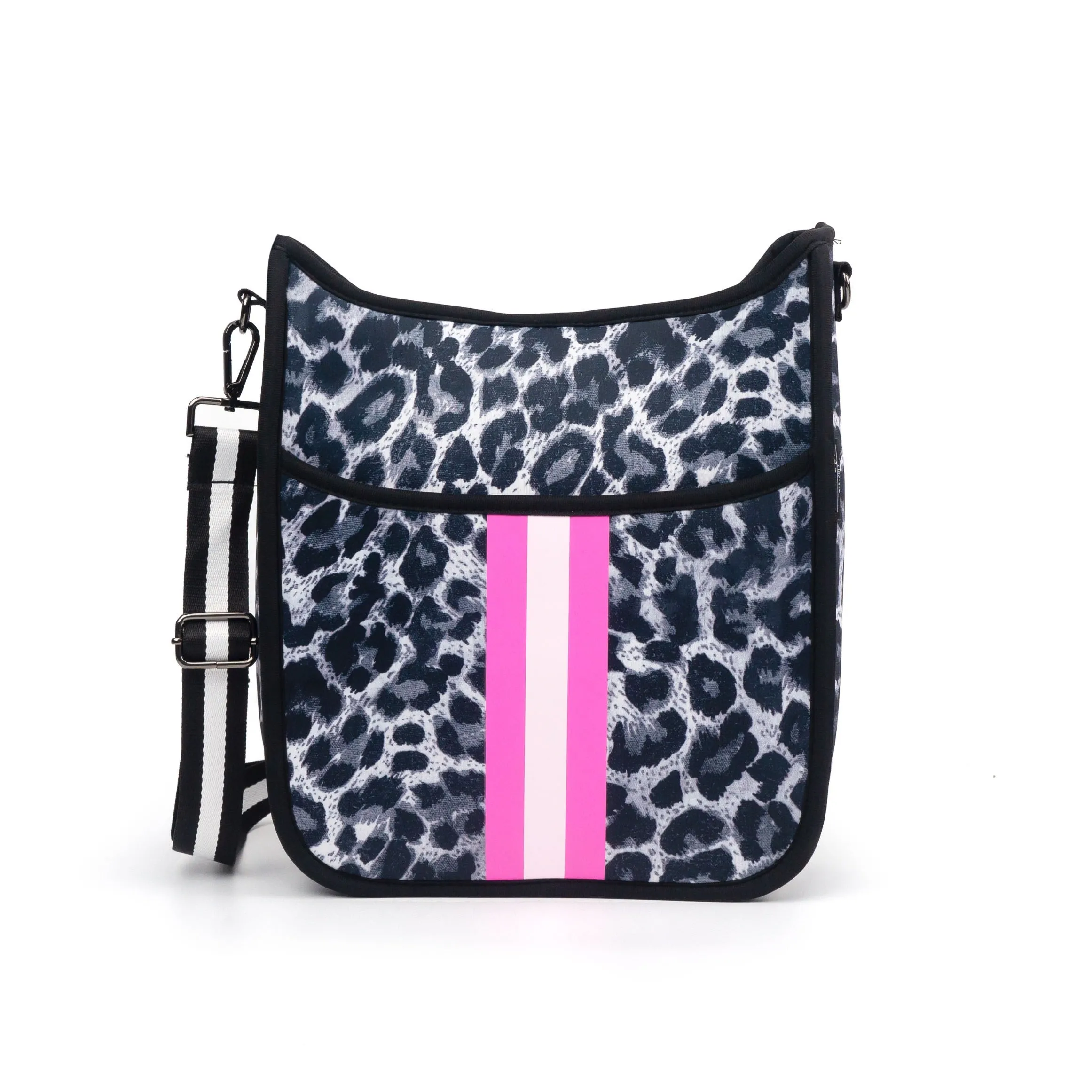 Grey Leopard Neoprene Messenger Bag with Pink & White Stripe