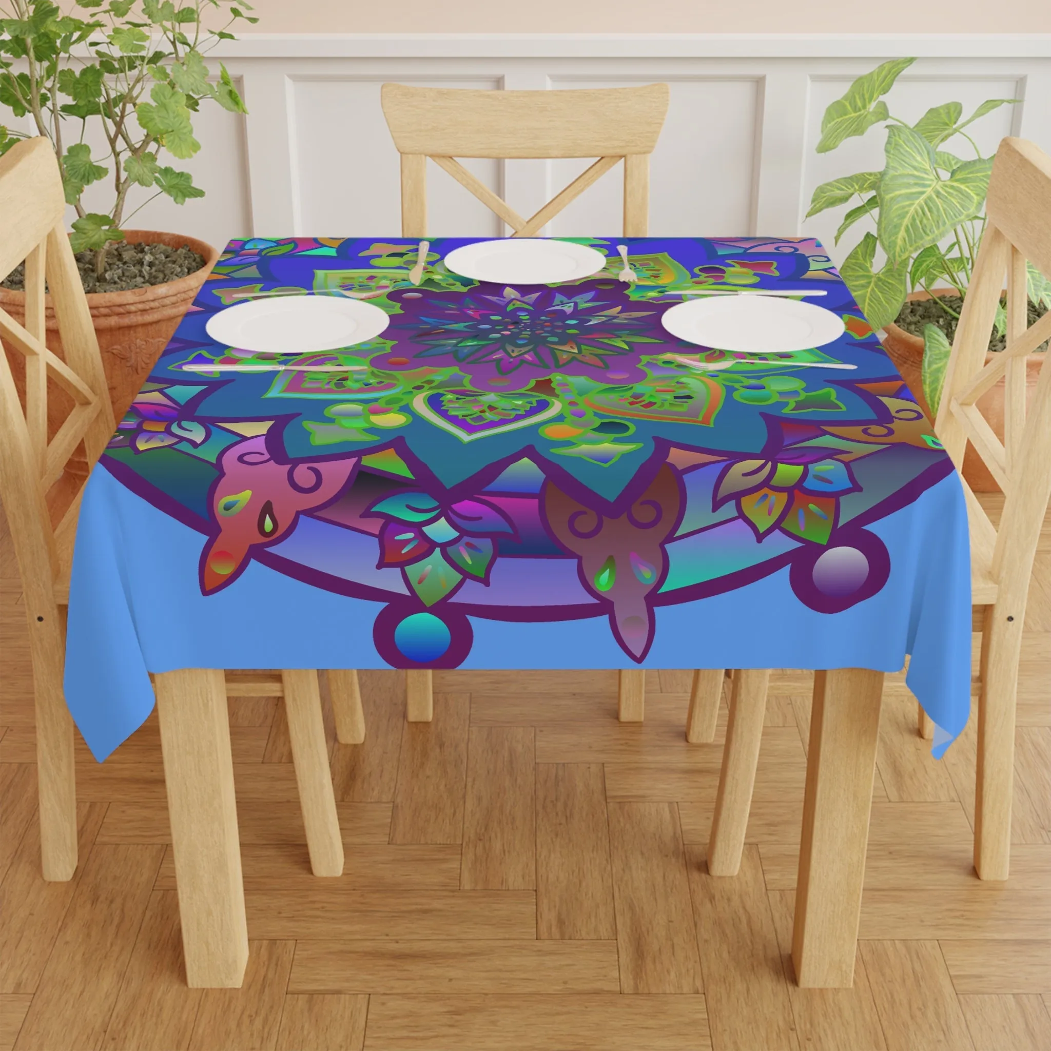 Handmade Mandala Art Tablecloth, Light Blue Square