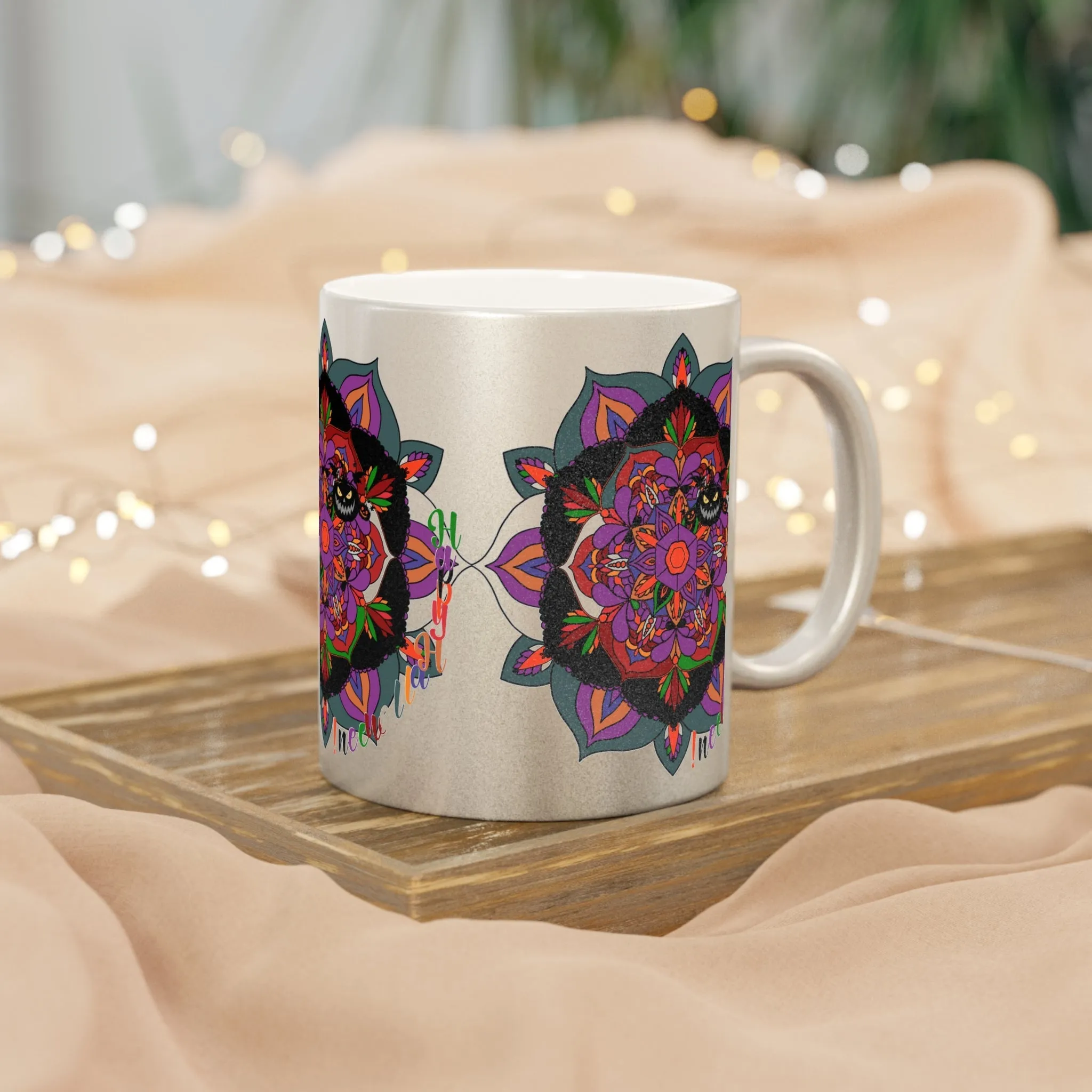 Handmade Mandala Metallic Mug - Pumpkin Mandala Design - Silver and Gold