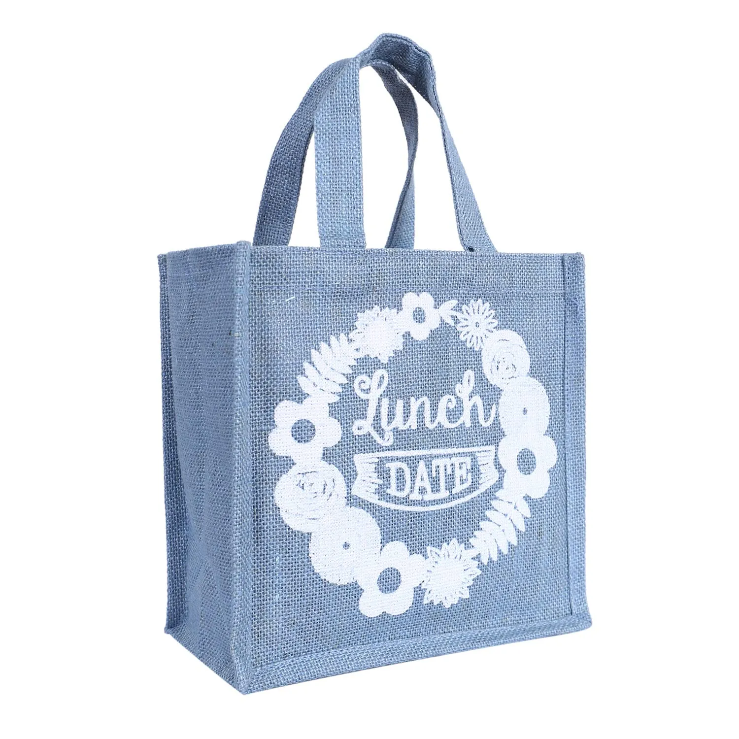 Heart Home Lunch Bag|Reusable Jute Fabric Tote Bag|Lunch Date Print Tiffin Carry Hand Bag with Handle for Office,School,Gift,Pack of 2 (Gray), 1 Liter