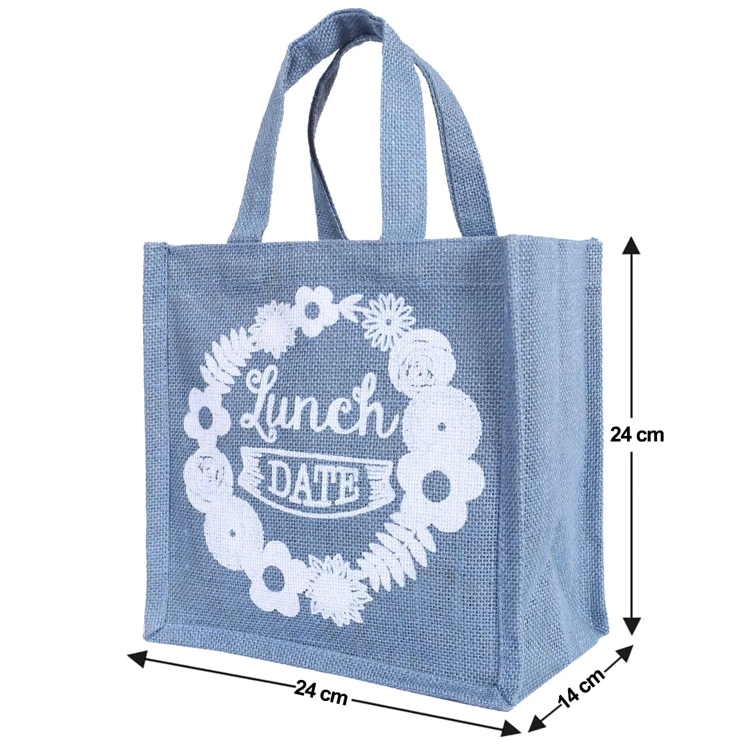 Heart Home Lunch Bag|Reusable Jute Fabric Tote Bag|Lunch Date Print Tiffin Carry Hand Bag with Handle for Office,School,Gift,Pack of 2 (Gray), 1 Liter