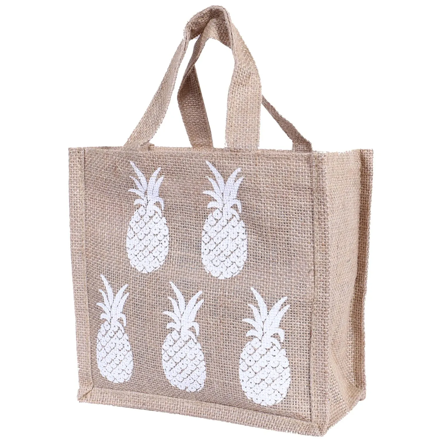 Heart Home Lunch Bag|Reusable Jute Fabric Tote Bag|Pineapple Print Tiffin Carry Hand Bag with Handle for Office,School,Gift (Brown), 1 Liter