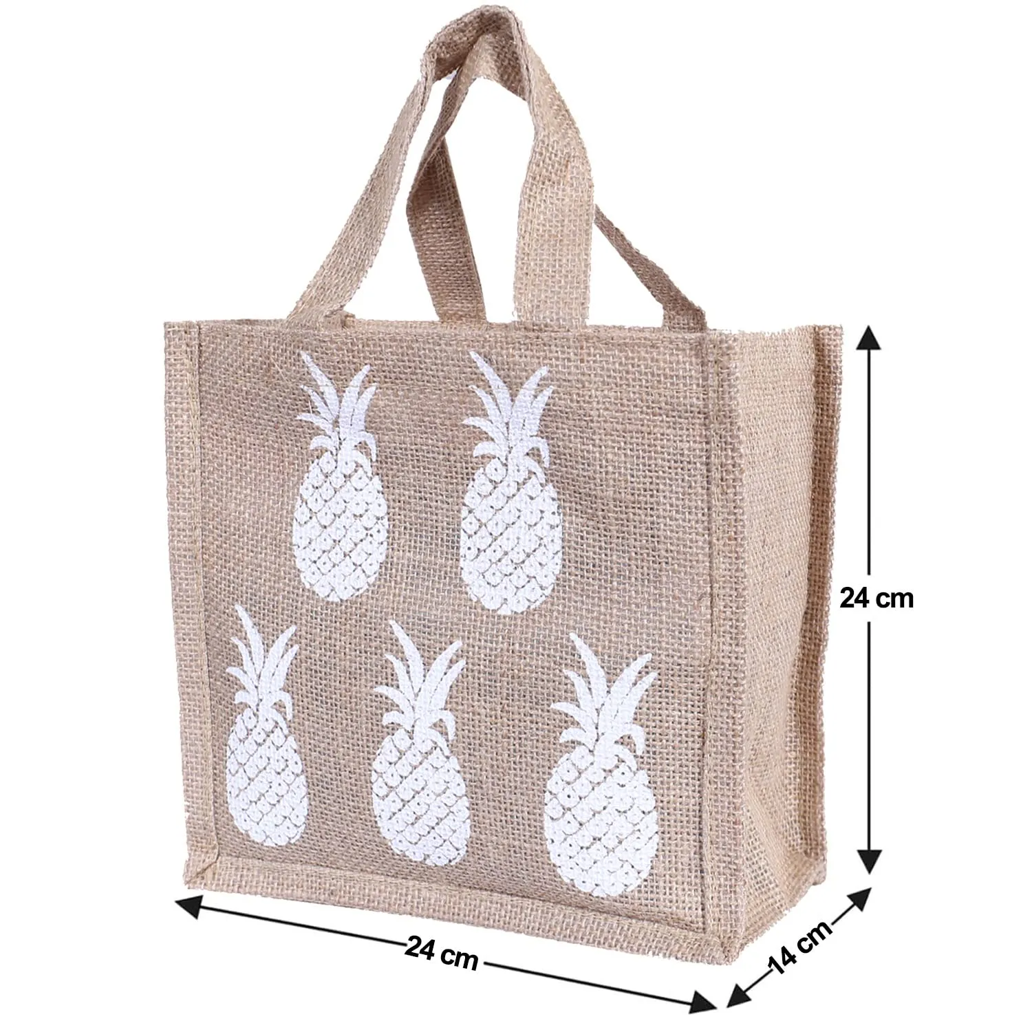 Heart Home Lunch Bag|Reusable Jute Fabric Tote Bag|Pineapple Print Tiffin Carry Hand Bag with Handle for Office,School,Gift (Brown), 1 Liter