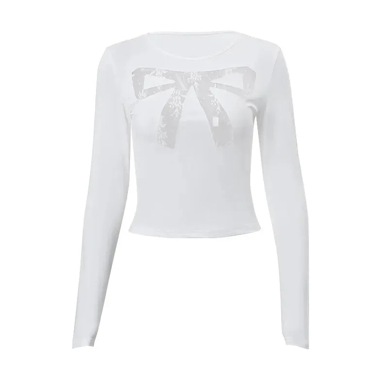 Hollow Lace Mesh Sheer Bow Long Sleeve Crop Tops 2000s Y2k Clothes Women White Black Fitted Shirts Cutecore P33-BE12