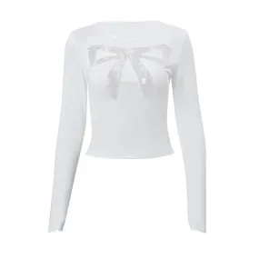 Hollow Lace Mesh Sheer Bow Long Sleeve Crop Tops 2000s Y2k Clothes Women White Black Fitted Shirts Cutecore P33-BE12