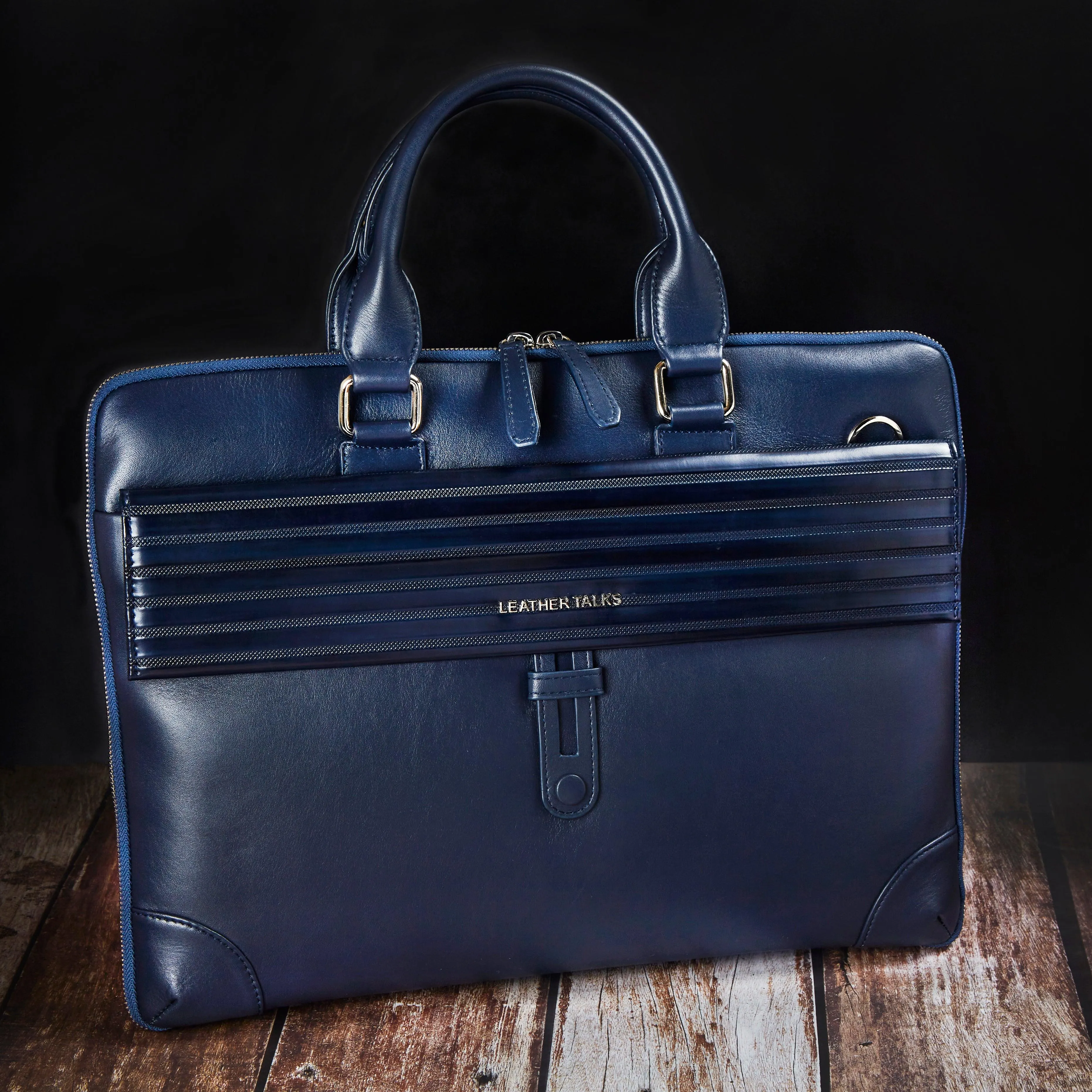 Italian VT Stripe Loop II | Genuine Leather Laptop Bag | Color: Blue, Brown & Grey