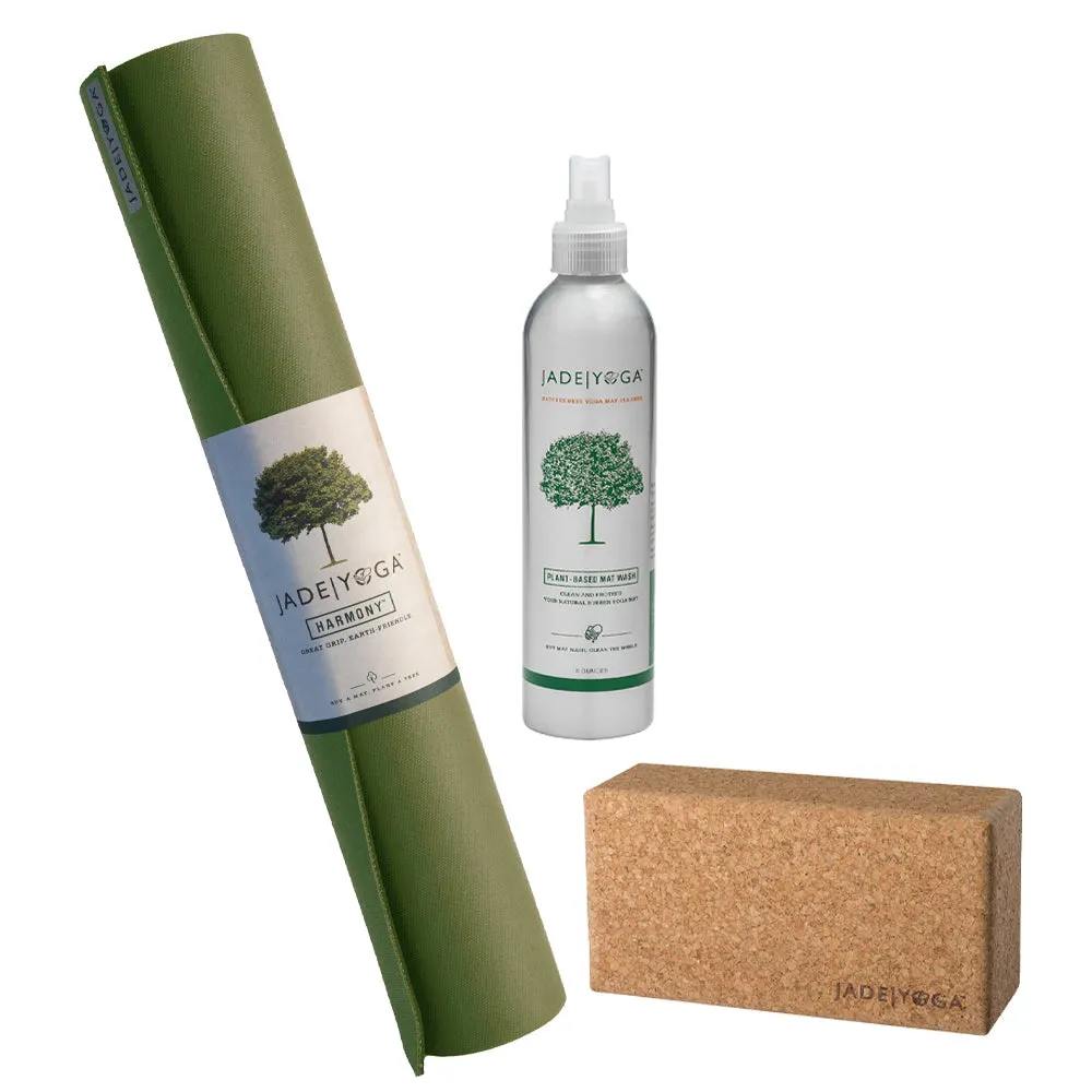 Jade Yoga Harmony Mat - Olive & Jade Yoga Cork Yoga Block - Small   Jade Yoga Plant Based Mat Wash - 8 oz Starter Kit