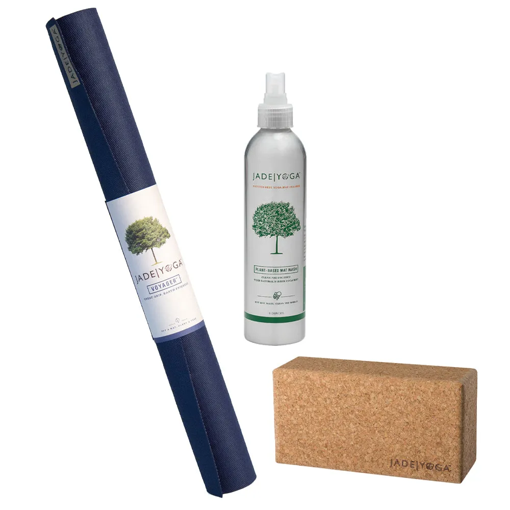 Jade Yoga Voyager Mat - Midnight & Jade Yoga Cork Yoga Block - Small   Jade Yoga Plant Based Mat Wash - 8 oz Starter Kit