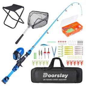 Kids Fishing Rod and Reel Combo with Collapsible Fishing Stool Landing Net Telescopic Fishing Pole Tackle Box Accessories