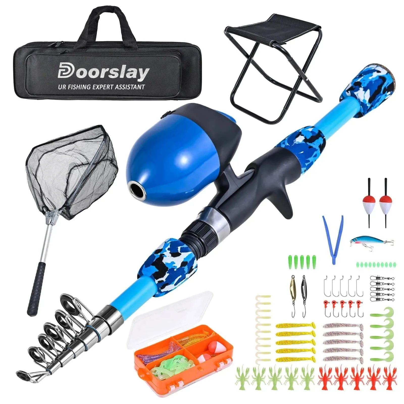 Kids Fishing Rod and Reel Combo with Collapsible Fishing Stool Landing Net Telescopic Fishing Pole Tackle Box Accessories