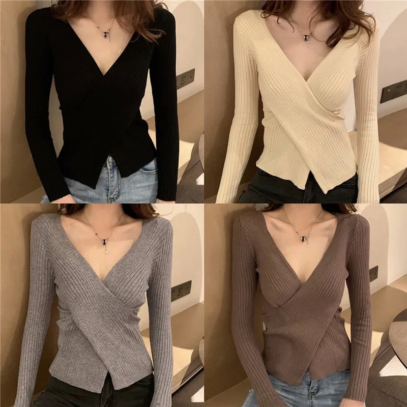 Knitted Full Women Sweater Long Sleeve Fashion Crossed V Neck Jumper Causal Sexy Autumn Slim Pullover Ladies Basic Top