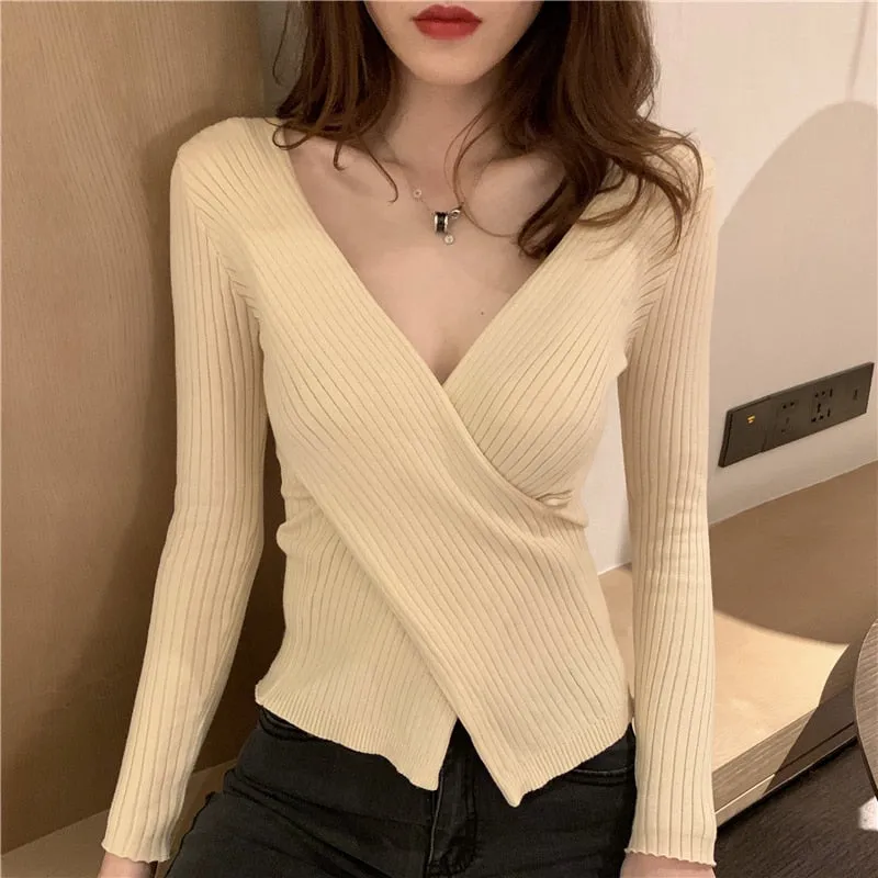 Knitted Full Women Sweater Long Sleeve Fashion Crossed V Neck Jumper Causal Sexy Autumn Slim Pullover Ladies Basic Top