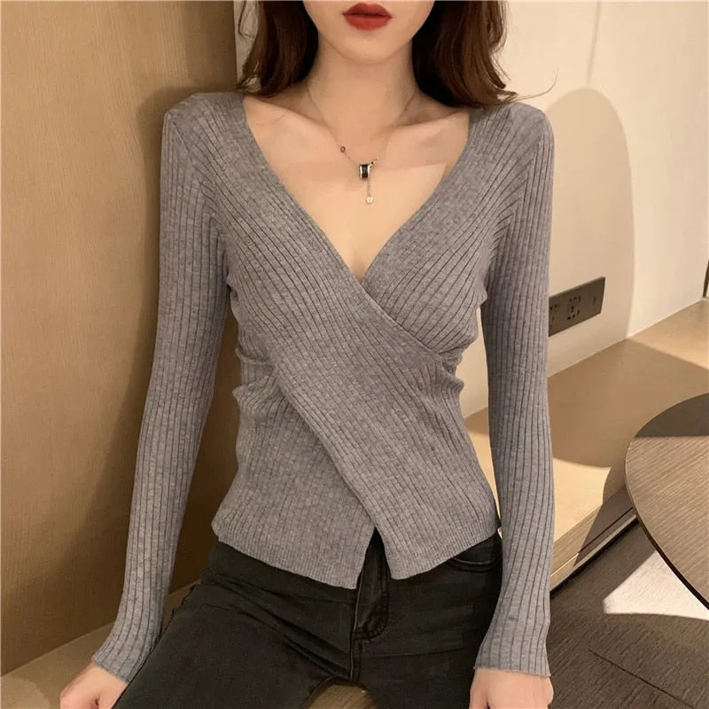 Knitted Full Women Sweater Long Sleeve Fashion Crossed V Neck Jumper Causal Sexy Autumn Slim Pullover Ladies Basic Top