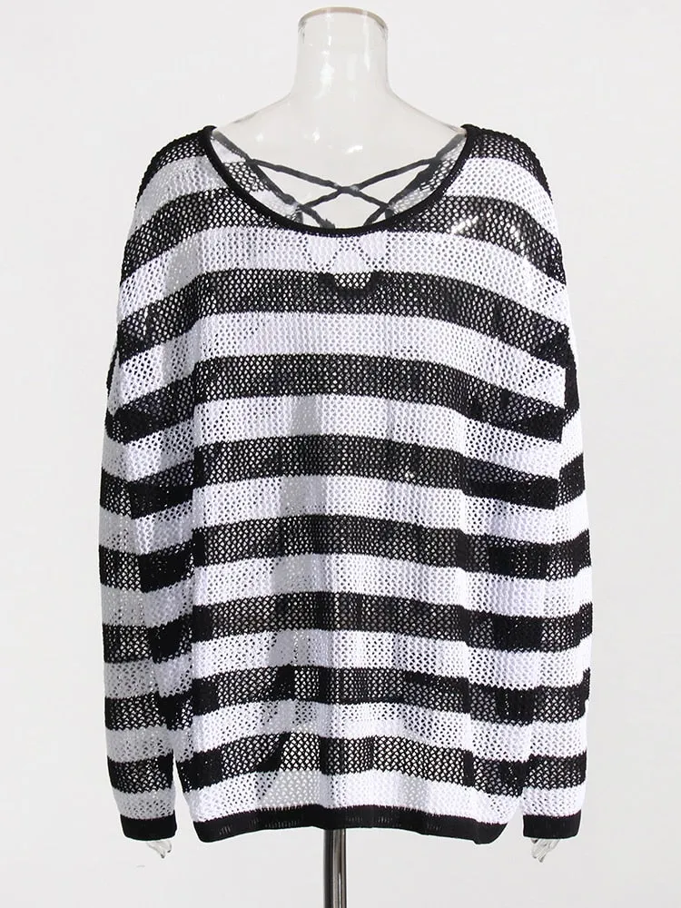 Knitting Hit Color T Shirts For Women Round Neck Long Sleeve Hollow Out Striped T Shirt Female Fashion Clothing