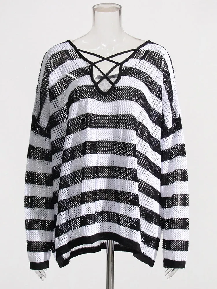 Knitting Hit Color T Shirts For Women Round Neck Long Sleeve Hollow Out Striped T Shirt Female Fashion Clothing