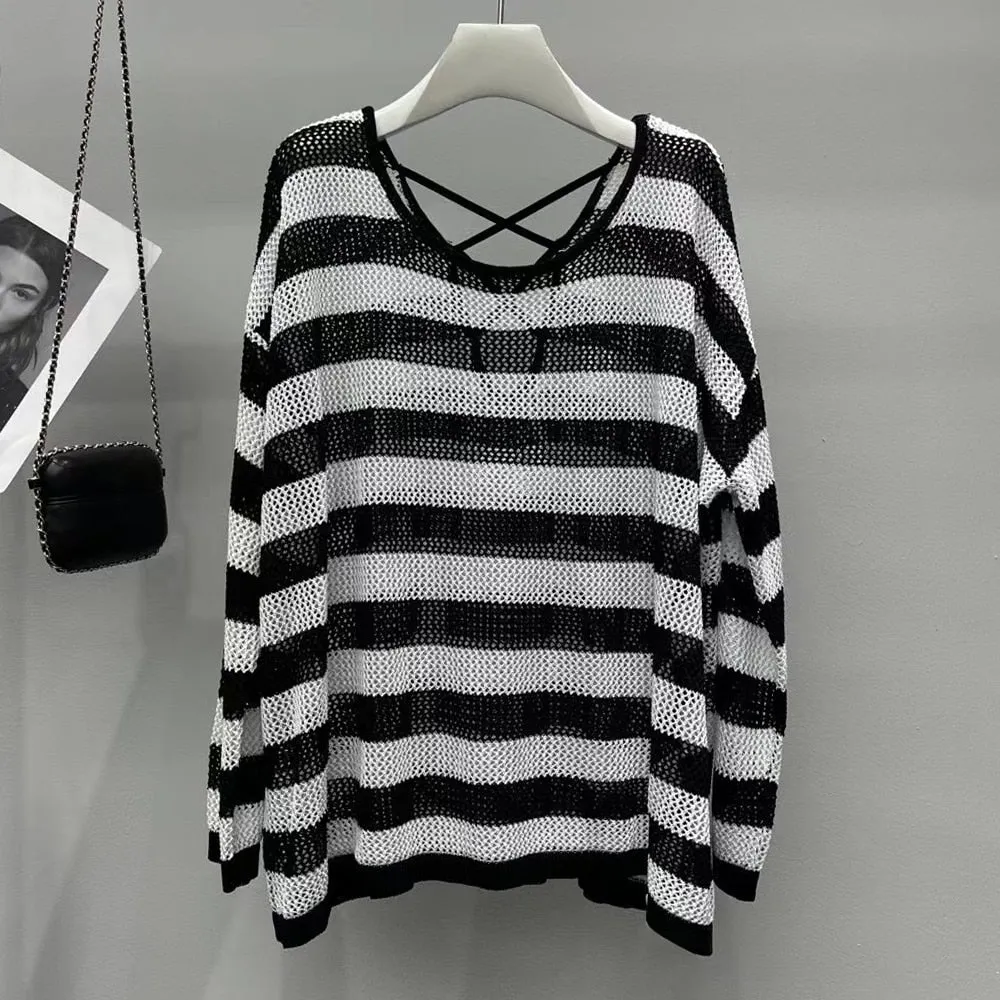 Knitting Hit Color T Shirts For Women Round Neck Long Sleeve Hollow Out Striped T Shirt Female Fashion Clothing