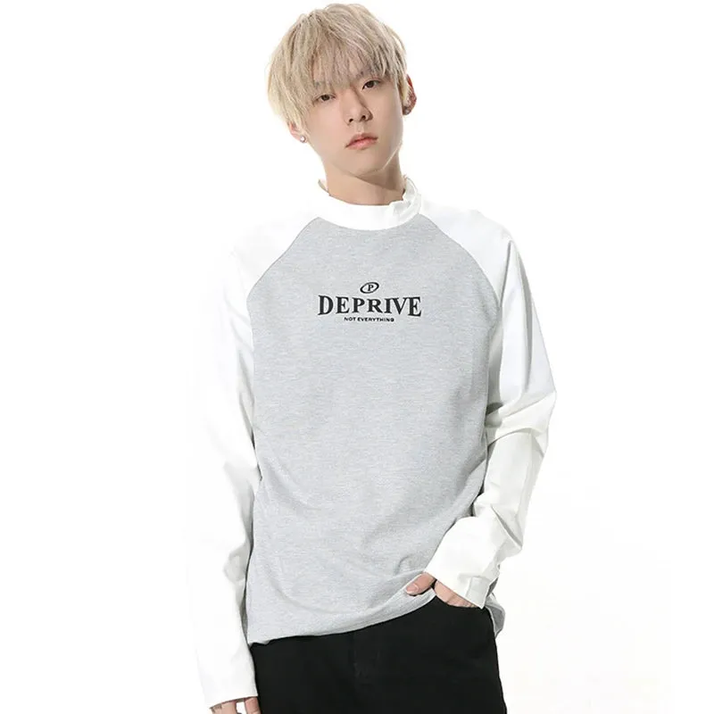 Korean Fashion Men's T-shirt Round NeckPatchwork Contrast Color Letter Printing Male Long Sleeve Tops Autumn 9C4391