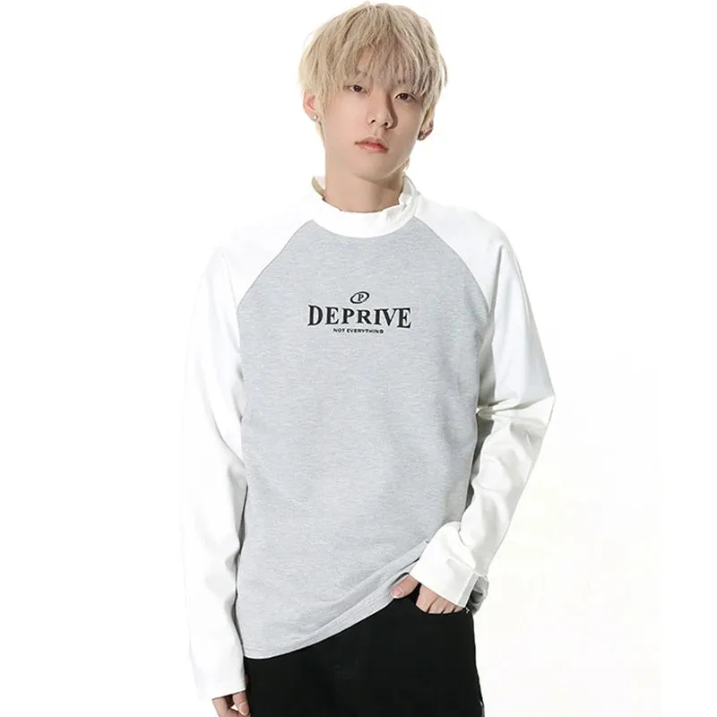 Korean Fashion Men's T-shirt Round NeckPatchwork Contrast Color Letter Printing Male Long Sleeve Tops Autumn 9C4391