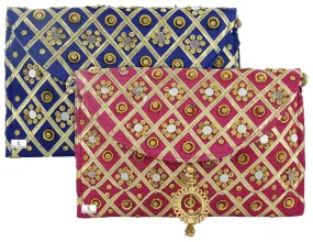 Kuber Industries 2 Pieces Silk Traditional Mirror Work Envelope Clutch Bag Purse Handbag for Bridal, Casual, Party, Wedding (Pink & Blue)-KUBMART11460