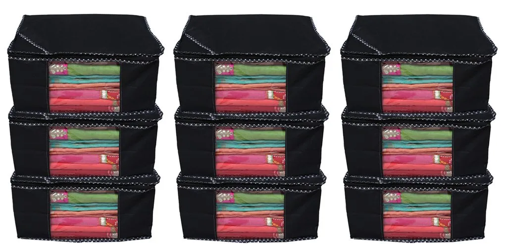 Kuber Industries 9 Piece Non Woven Designer Saree Cover/Saree Bag/Storage Bag, 9 inches Height, Black