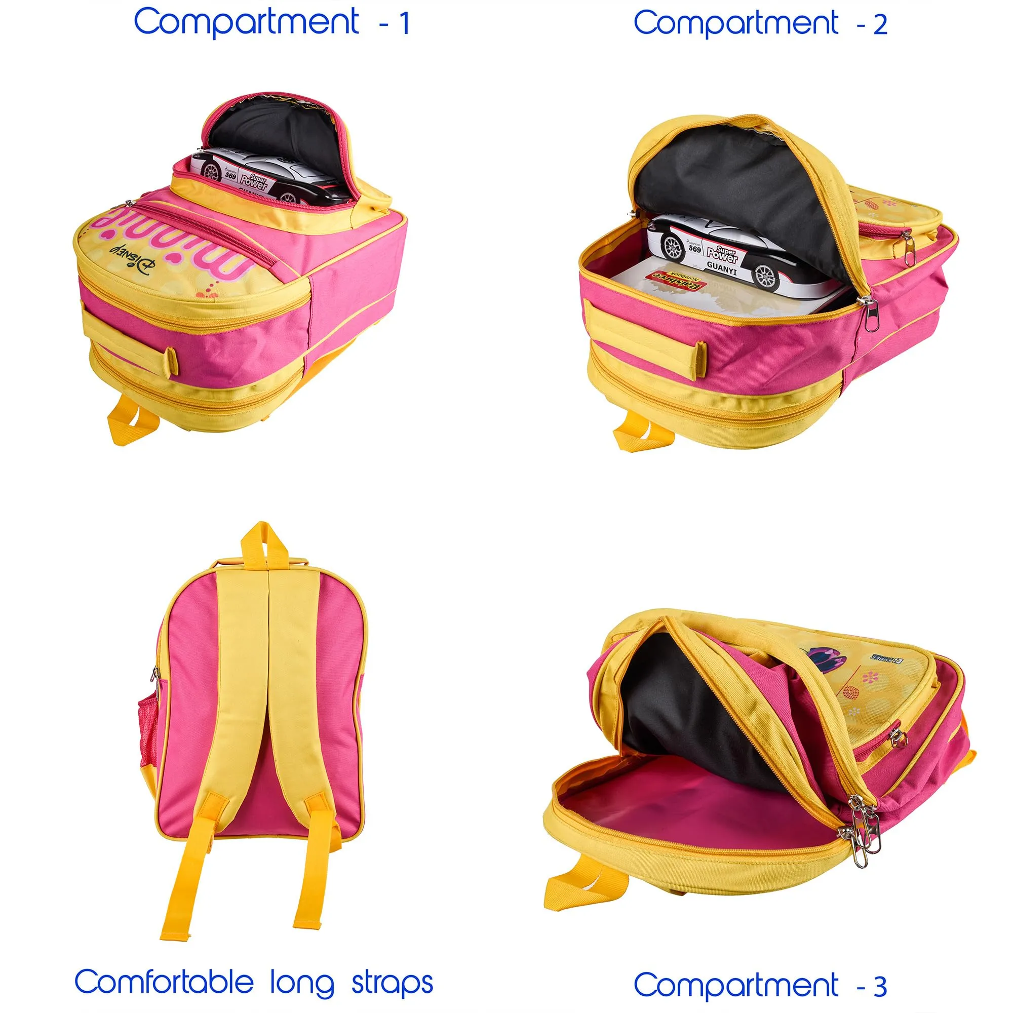 Kuber Industries Disney Minnie School Bags | Kids School Bags | Student Bookbag | Travel Backpack | School Bag for Girls & Boys | School Bag with 4 Compartments | Yellow & Pink