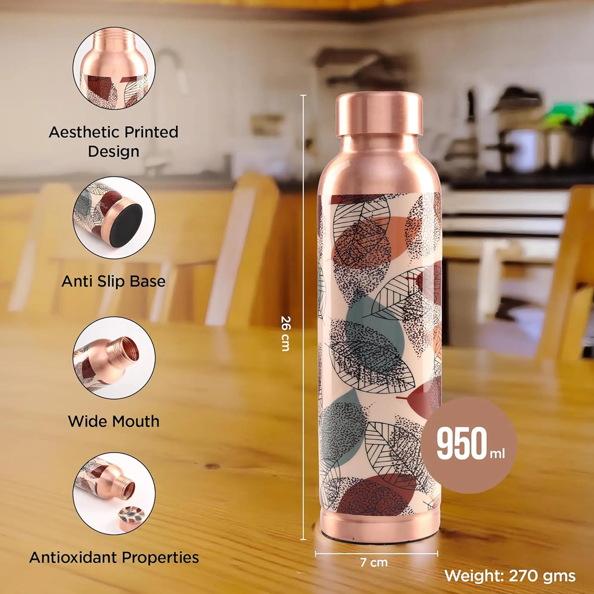 Kuber Industries Pack of 4 Copper Water Bottle - 950ml Leakproof Non-Toxic Tamaba Bottle for Office/Gym/Yoga/College, Men & Women - Beige Printed