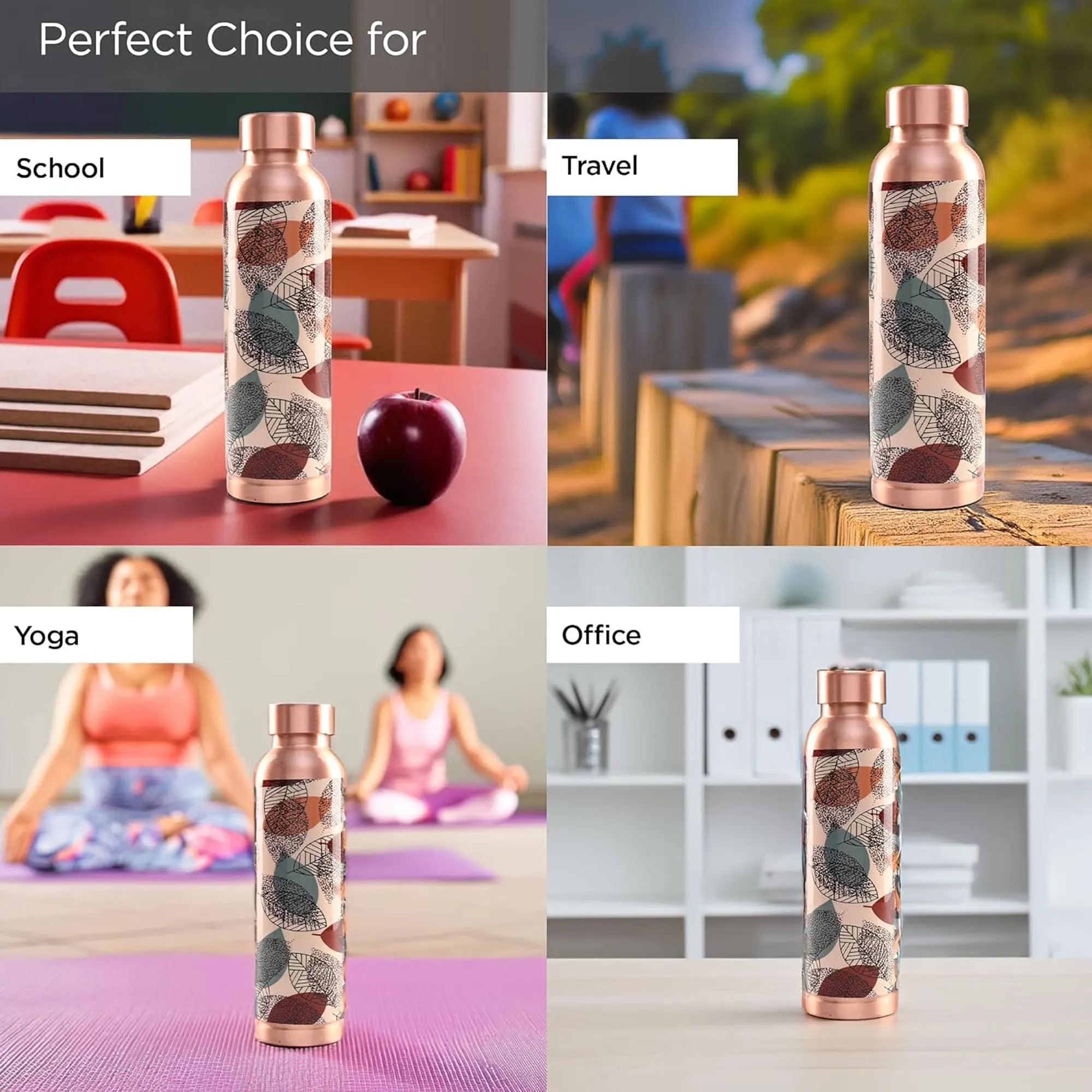 Kuber Industries Pack of 4 Copper Water Bottle - 950ml Leakproof Non-Toxic Tamaba Bottle for Office/Gym/Yoga/College, Men & Women - Beige Printed