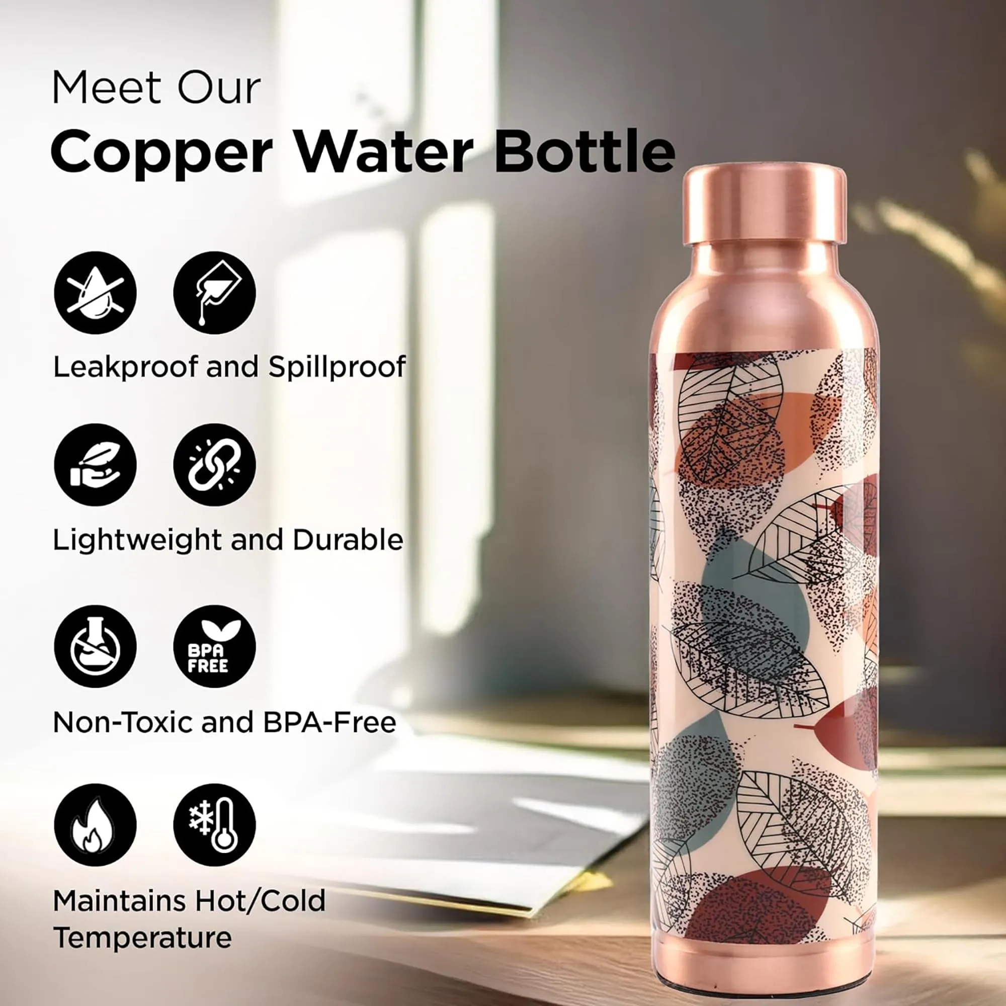 Kuber Industries Pack of 4 Copper Water Bottle - 950ml Leakproof Non-Toxic Tamaba Bottle for Office/Gym/Yoga/College, Men & Women - Beige Printed