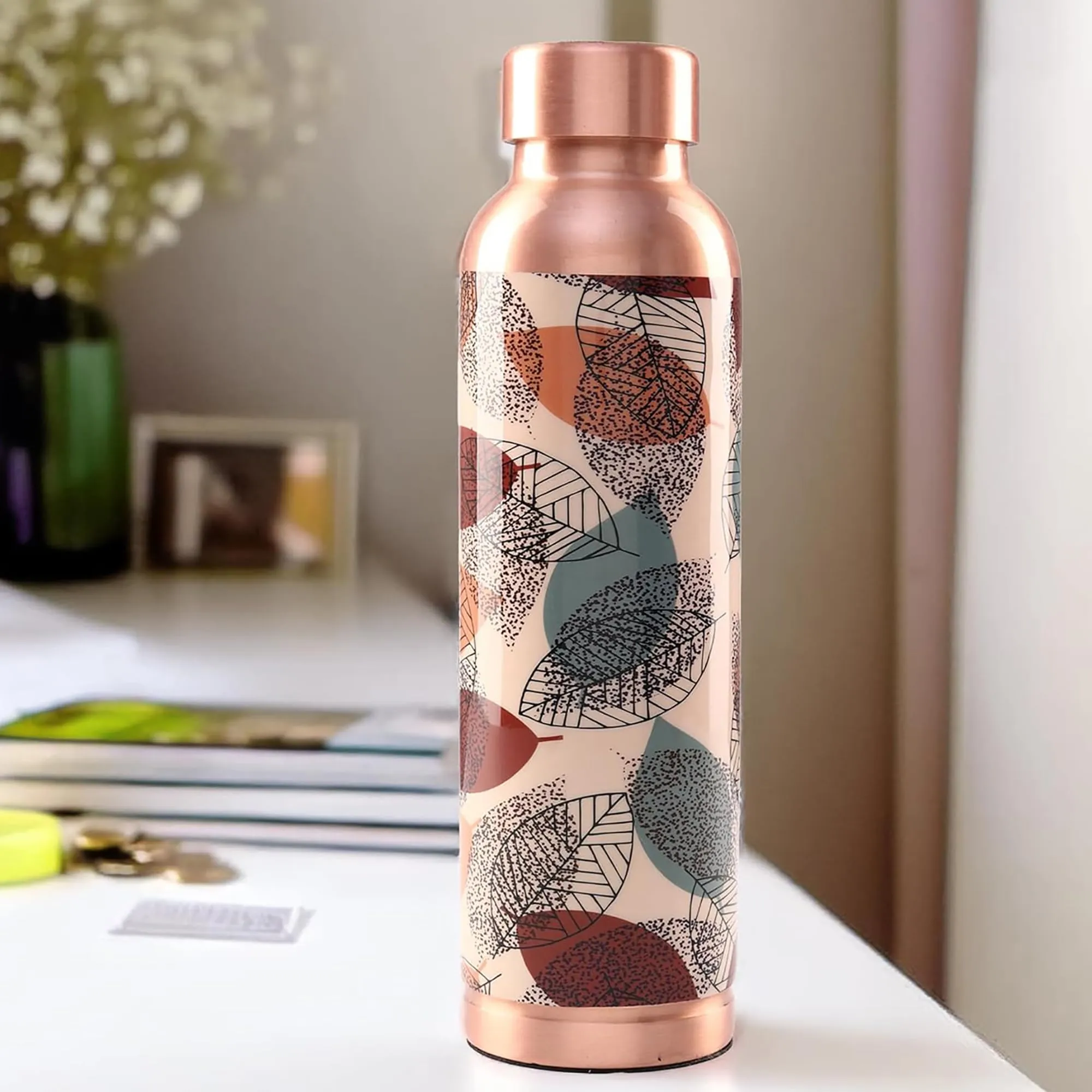 Kuber Industries Pack of 4 Copper Water Bottle - 950ml Leakproof Non-Toxic Tamaba Bottle for Office/Gym/Yoga/College, Men & Women - Beige Printed