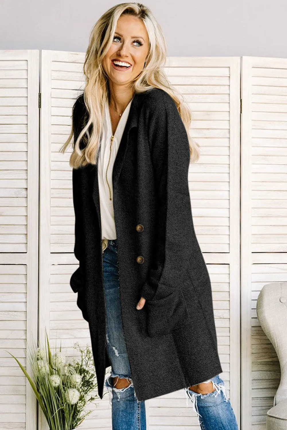 Lapel Collar Open Front Cardigan