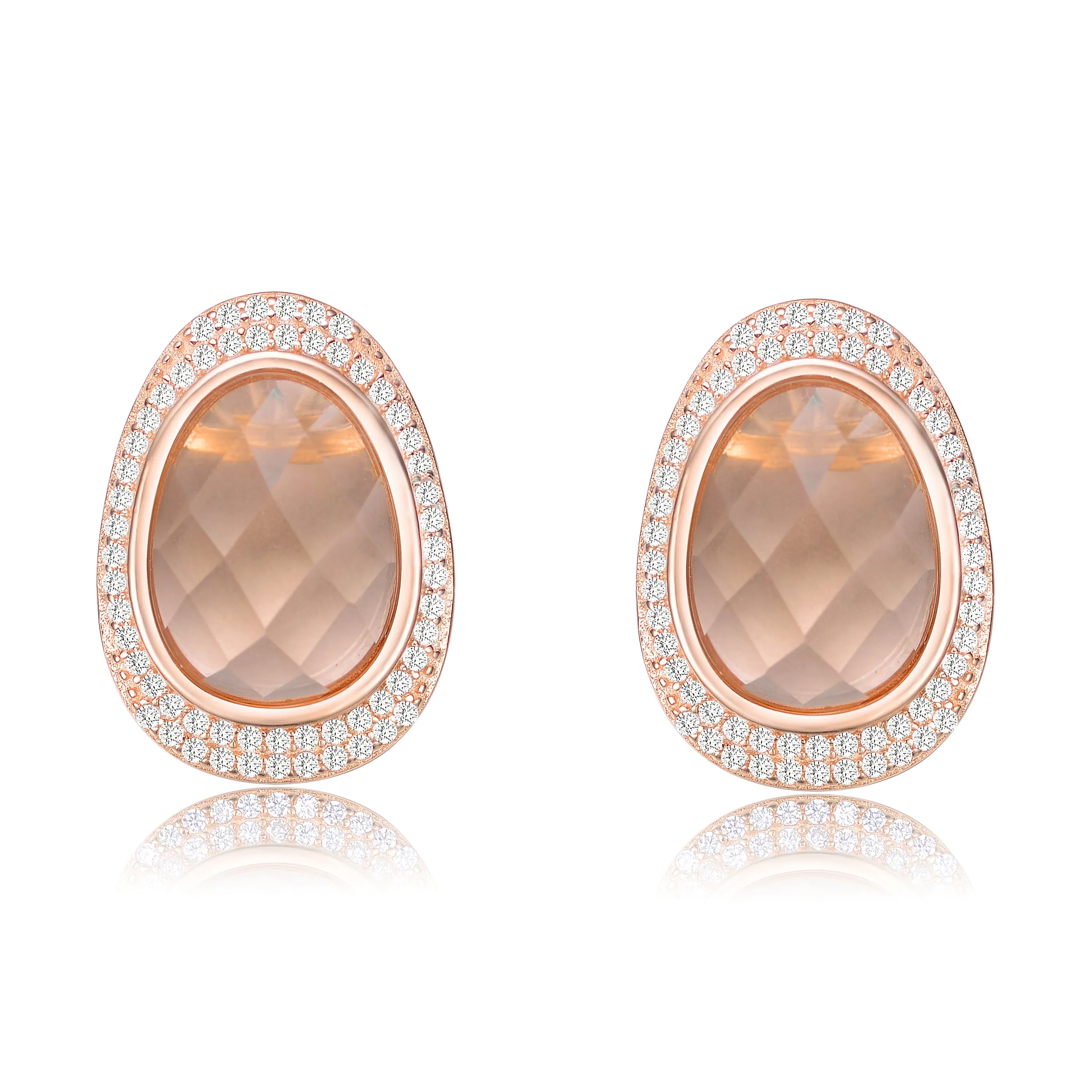 Light Peach and White Cubic Zirconia Oval Shaped Stud Earrings