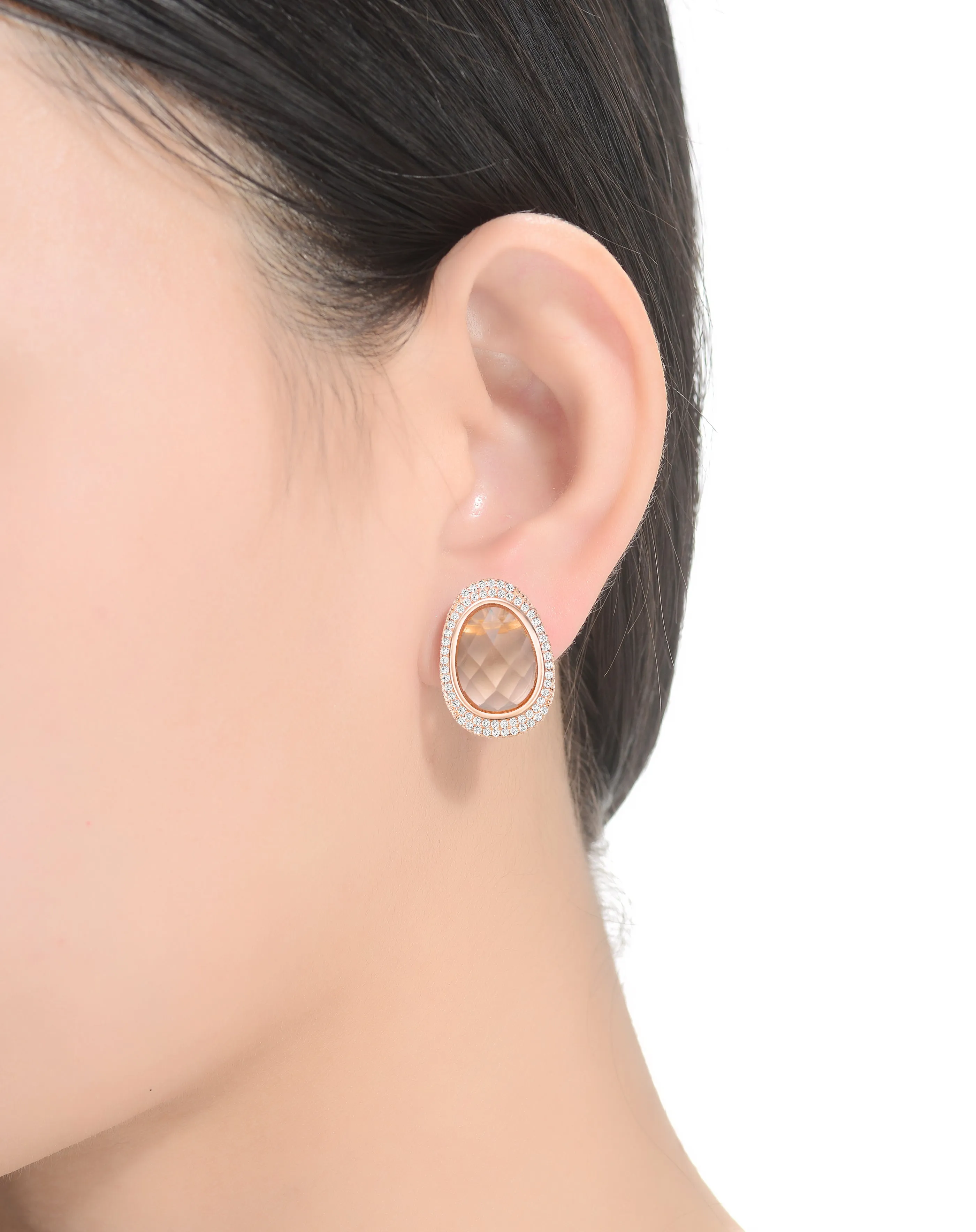 Light Peach and White Cubic Zirconia Oval Shaped Stud Earrings