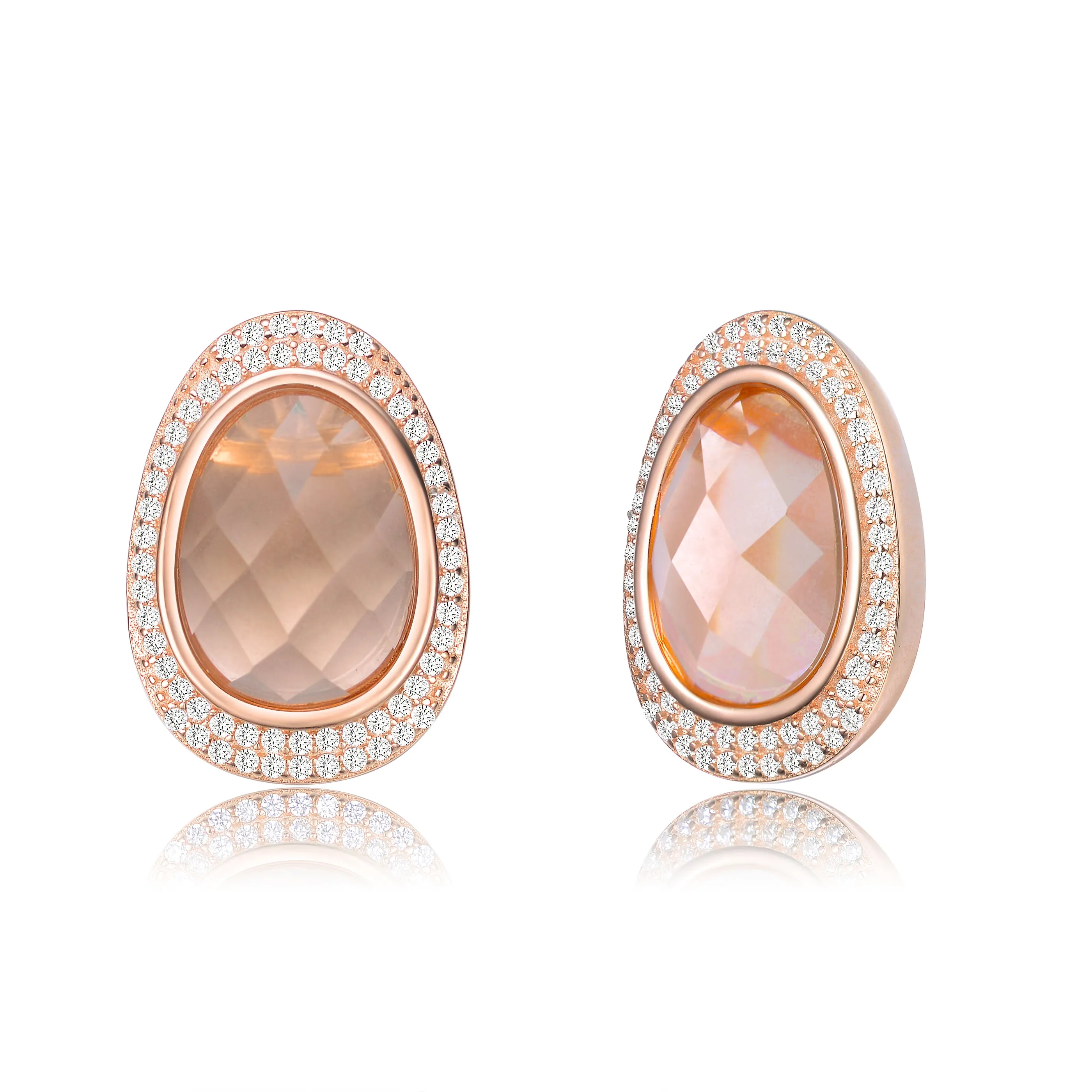 Light Peach and White Cubic Zirconia Oval Shaped Stud Earrings