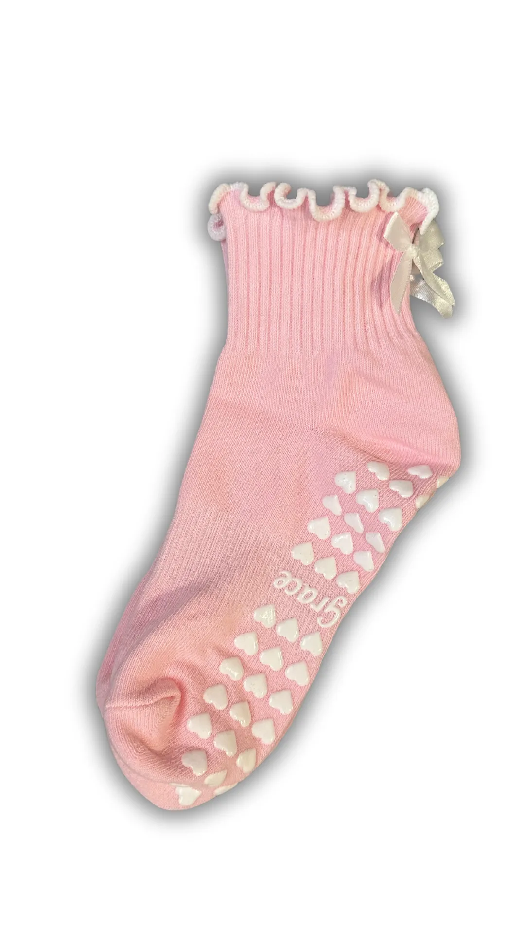 Light Pink ruffle grip sock with white bow