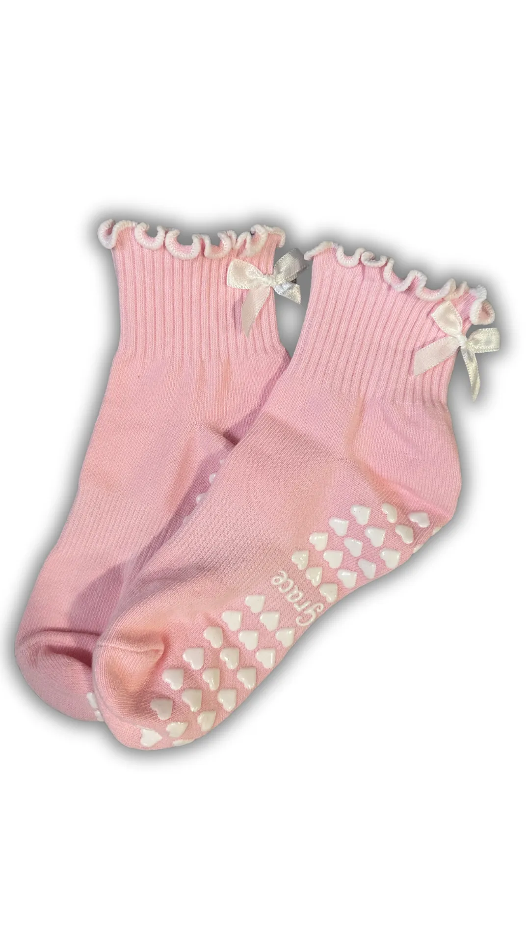 Light Pink ruffle grip sock with white bow