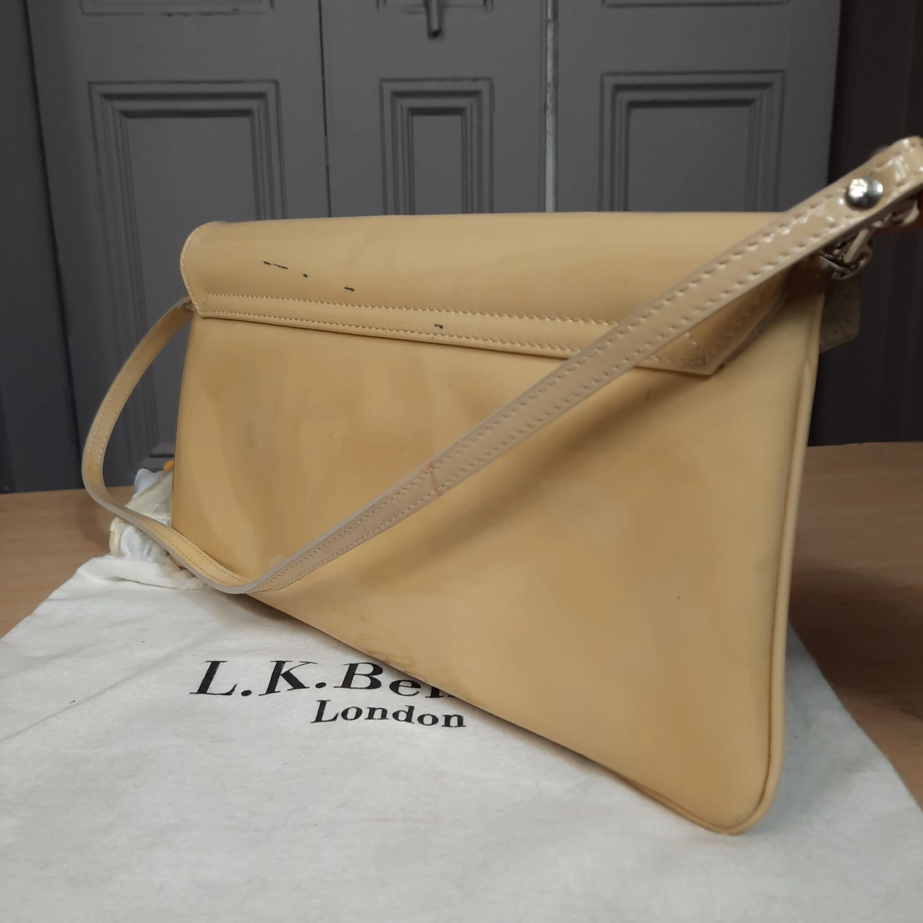 L.K. Bennett "Leola"  Patent Leather Convertable Shoulder Bag/ Clutch Tan