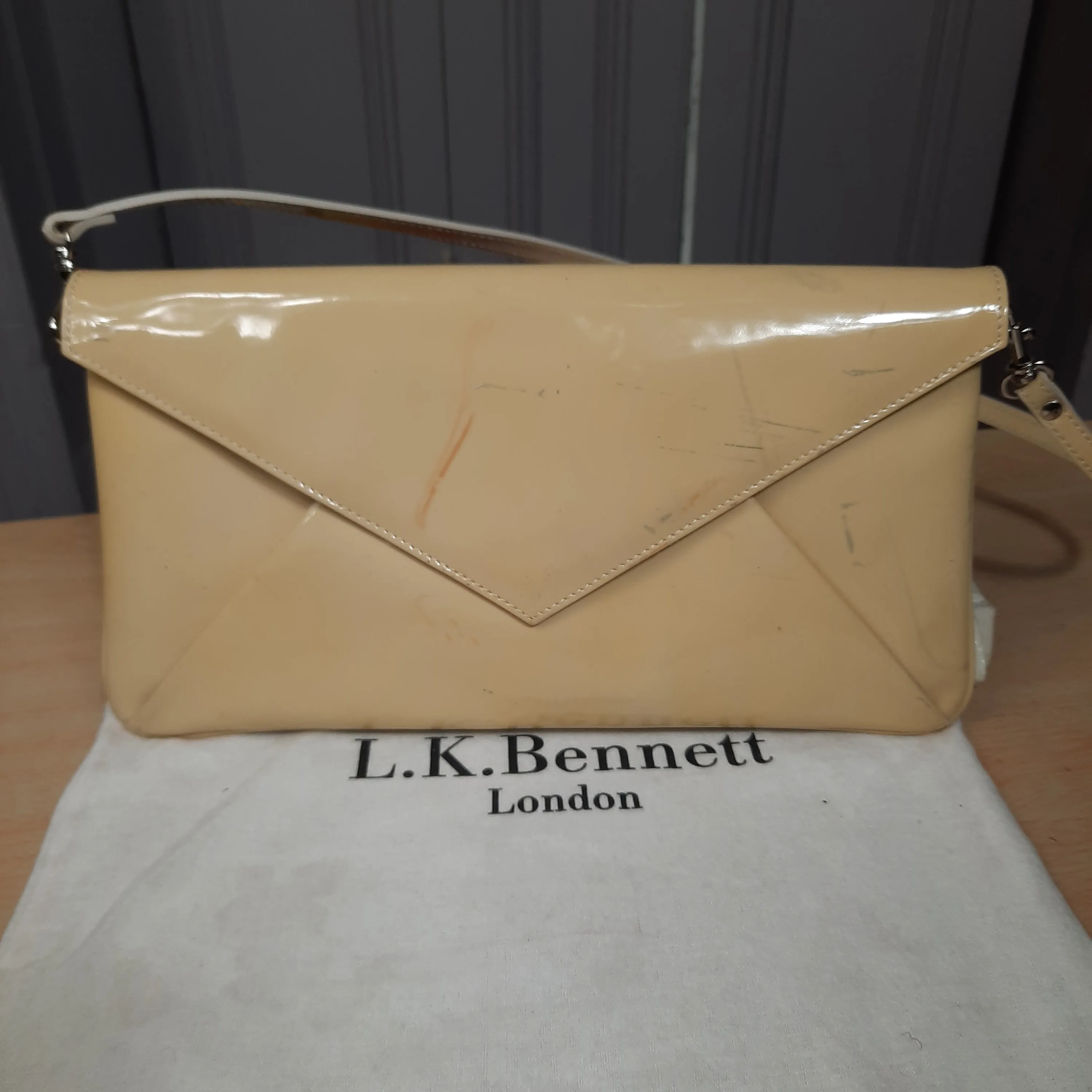 L.K. Bennett "Leola"  Patent Leather Convertable Shoulder Bag/ Clutch Tan