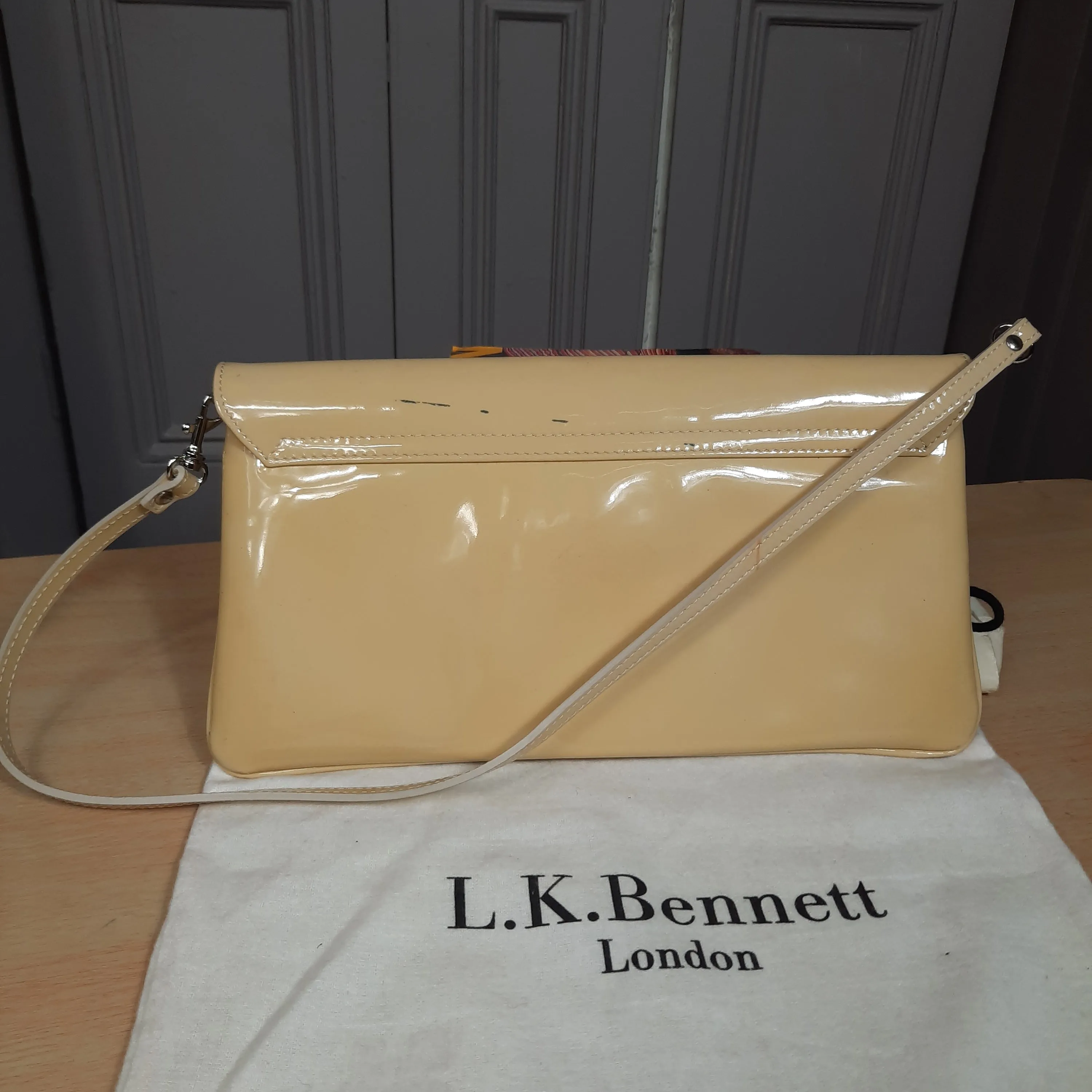 L.K. Bennett "Leola"  Patent Leather Convertable Shoulder Bag/ Clutch Tan