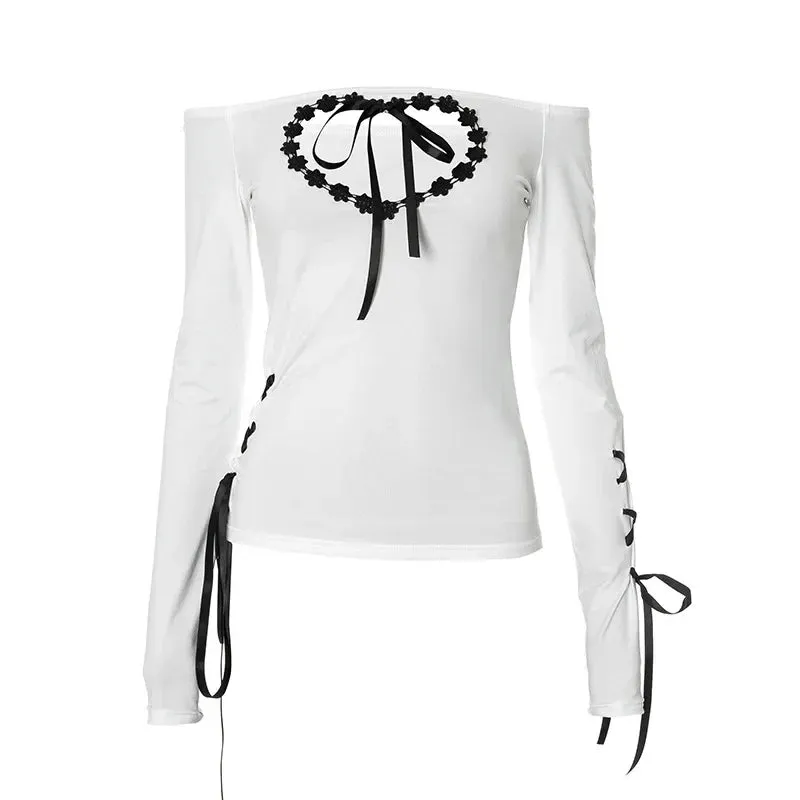 Love Hollow Lace Trim Off Shoulder Long Sleeve Tops Y2k Coquette Clothes Womens White T Shirts Autumn 2024 P85-BE16