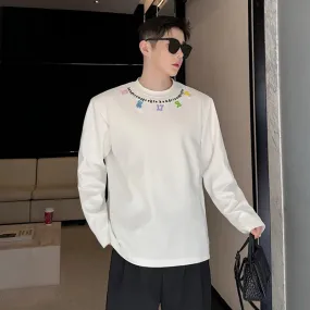 Male T-shirt Korean Style Casual Long Sleeve Round Neck Embroidered Versatile Fashion Pullover Summer 9C5778