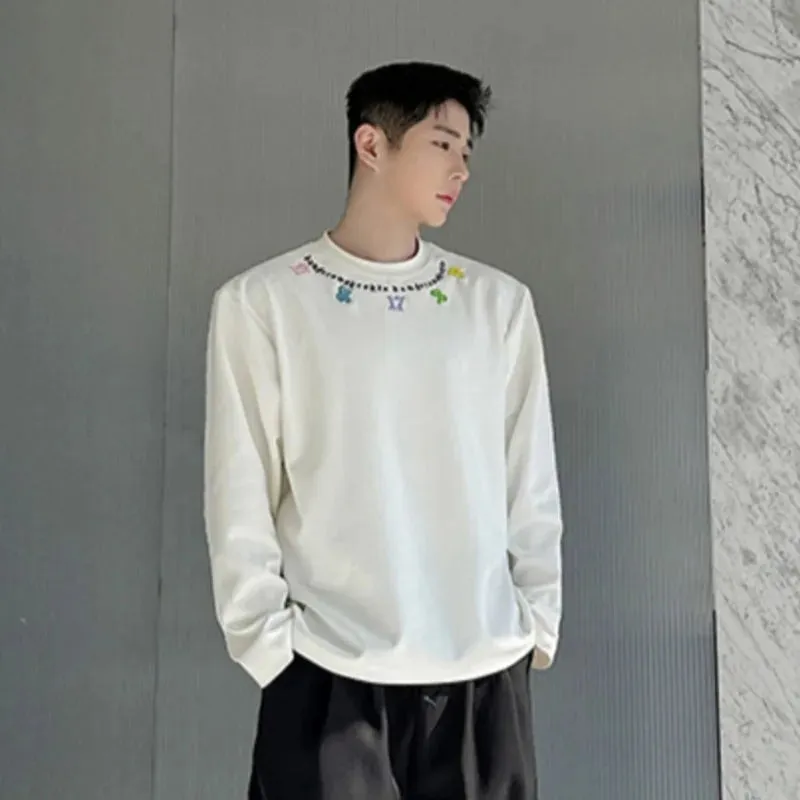 Male T-shirt Korean Style Casual Long Sleeve Round Neck Embroidered Versatile Fashion Pullover Summer 9C5778