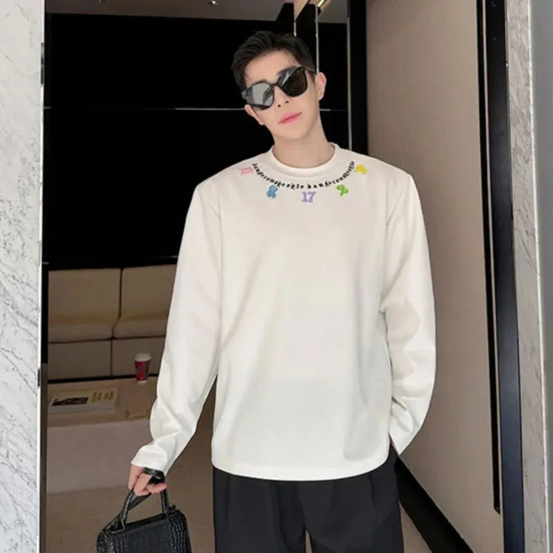 Male T-shirt Korean Style Casual Long Sleeve Round Neck Embroidered Versatile Fashion Pullover Summer 9C5778