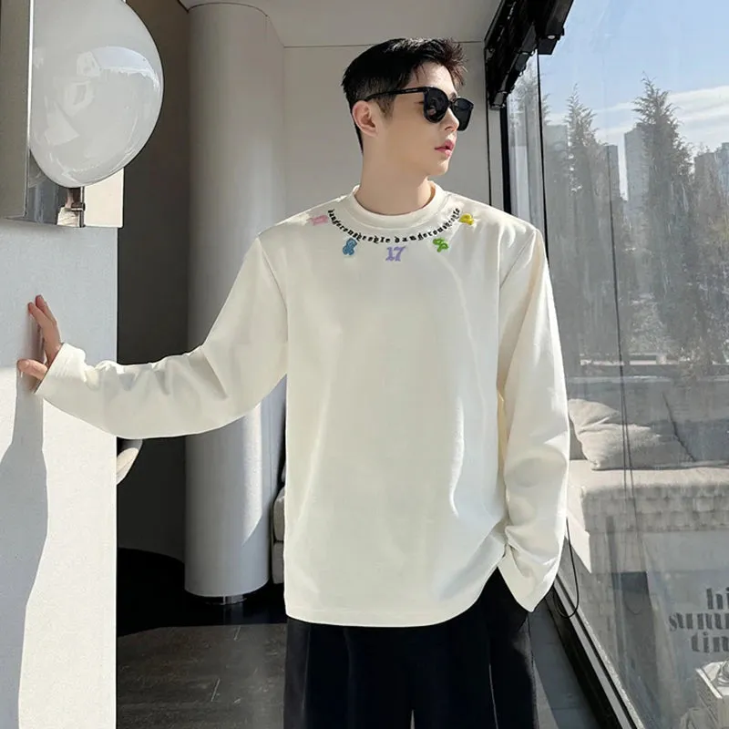 Male T-shirt Korean Style Casual Long Sleeve Round Neck Embroidered Versatile Fashion Pullover Summer 9C5778