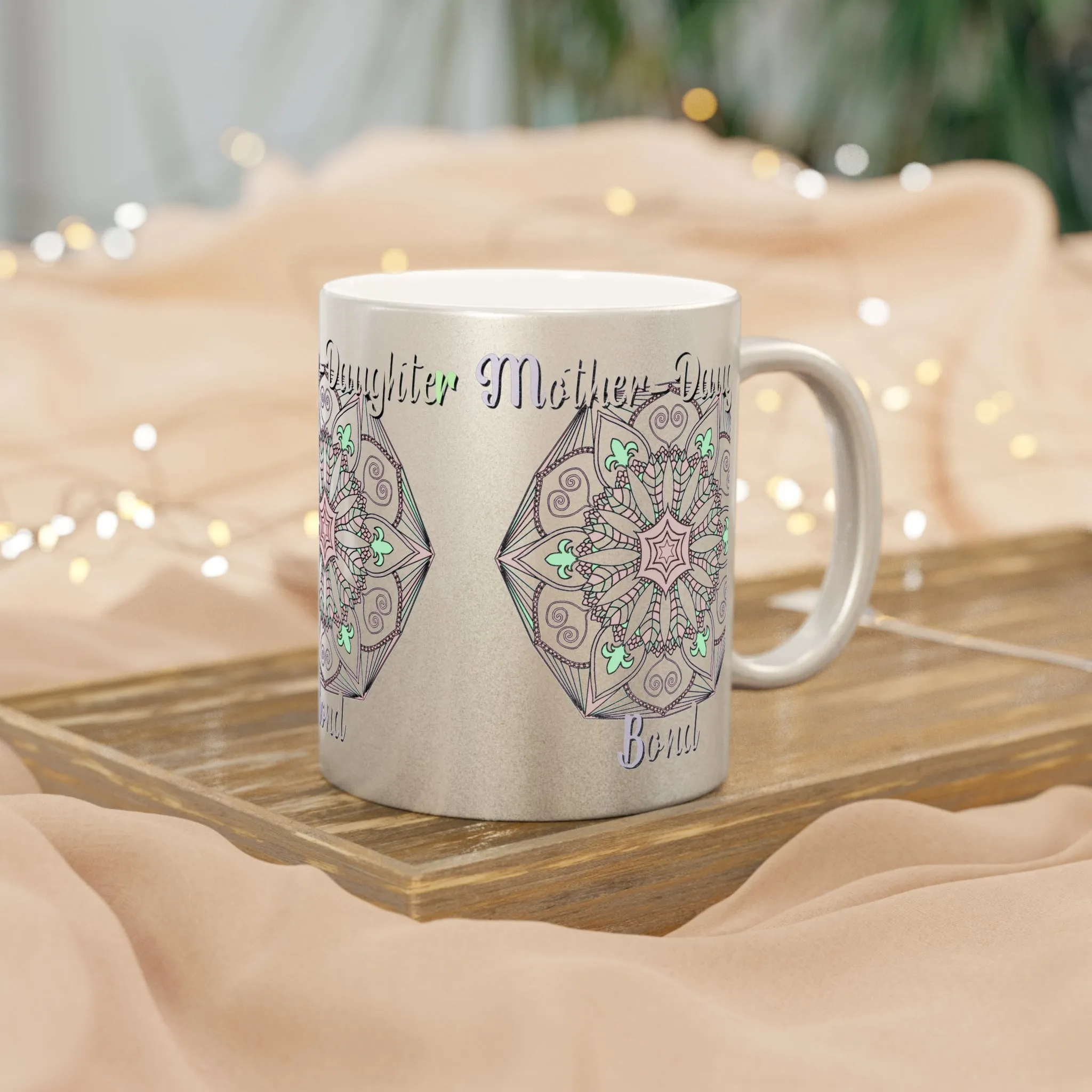 Mandala Design Metallic Mug - Handmade Mother-Daughter Bond