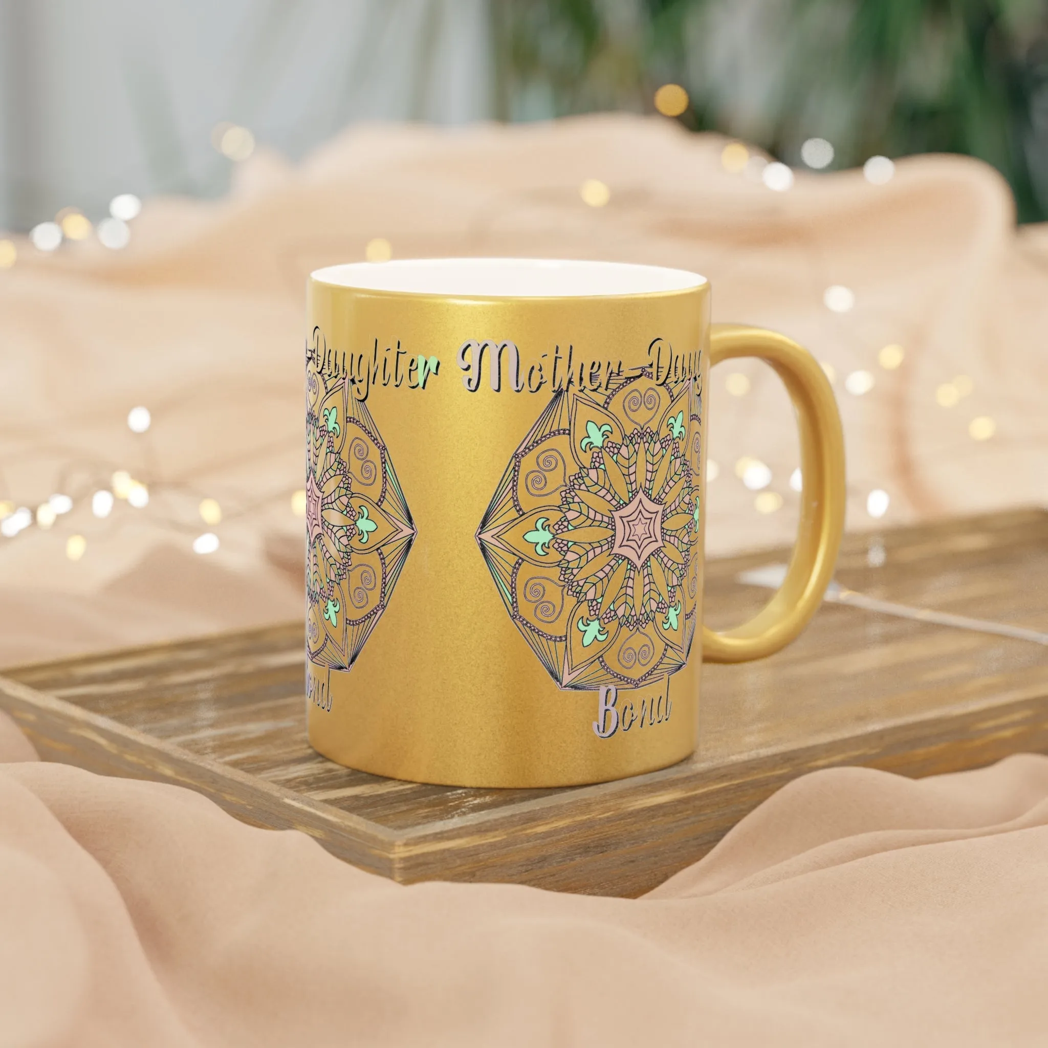 Mandala Design Metallic Mug - Handmade Mother-Daughter Bond