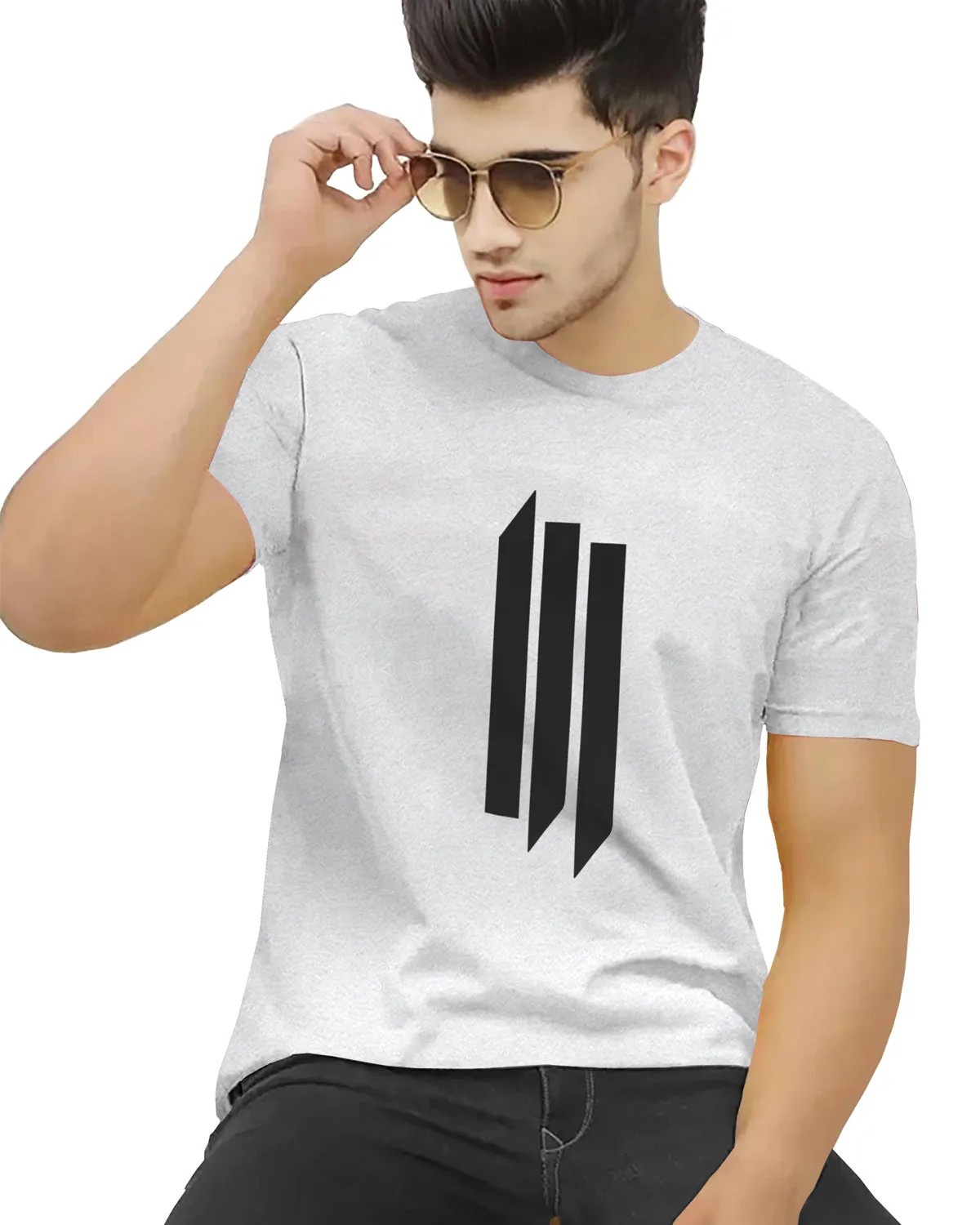 Men Light Grey Line Printed Round Neck Half Sleeve T-shirt